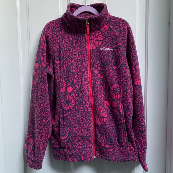 COLOMBIA GIRLS SIZE LARGE 14-16 PINK FLORAL PRINT ZIPPER JACKET COZY WARM FLEECE - Picture 2 of 9